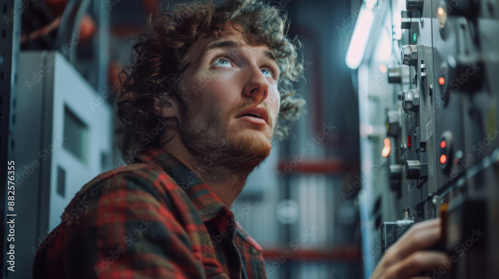 A man with curly hair is looking at a machine A man with curly hair is looking at a machine