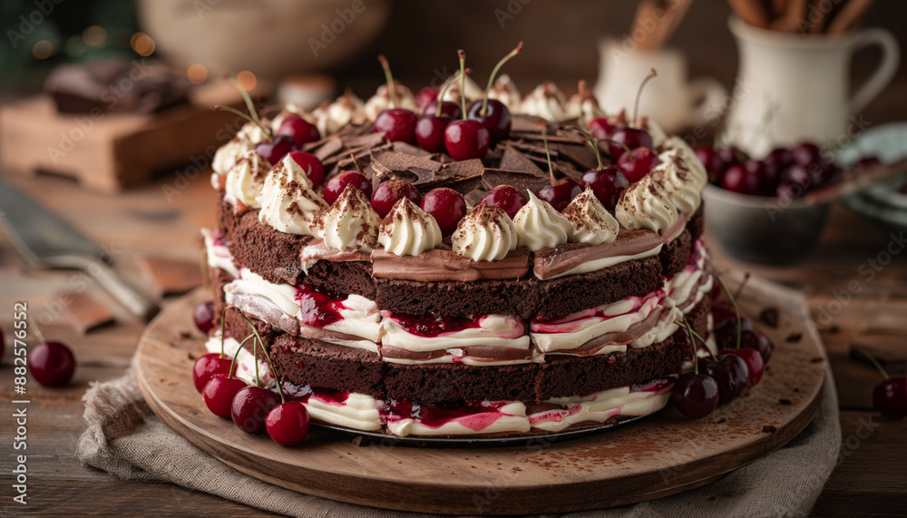 a decadent black forest cake, featuring layers of rich chocolate sponge, whipped cream, and cherry filling a decadent black forest cake, featuring layers of rich chocolate sponge, whipped cream, and cherry filling