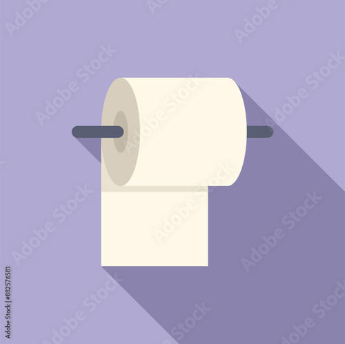 Toilet paper is hanging on a metal holder casting a long shadow on a purple background