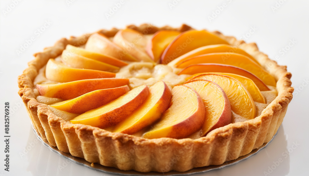 a refined french peach tart, with perfectly arranged peach slices on a golden, flaky crust, set against a clean white background a refined french peach tart, with perfectly arranged peach slices on a golden, flaky crust, set against a clean white background