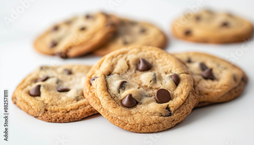 classic chocolate chip cookies, featuring a golden-brown, slightly crisp edge with a chewy center, dotted generously with chocolate chips