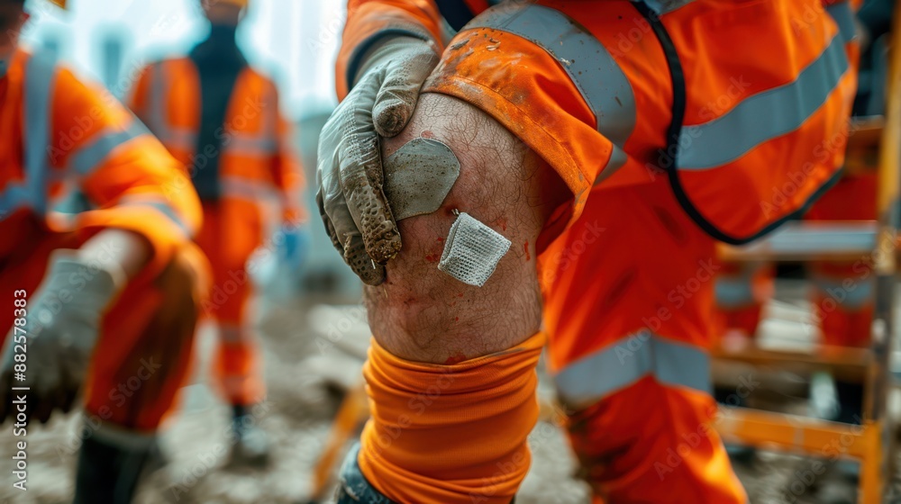 A man in an orange jumpsuit is holding his knee A man in an orange jumpsuit is holding his knee