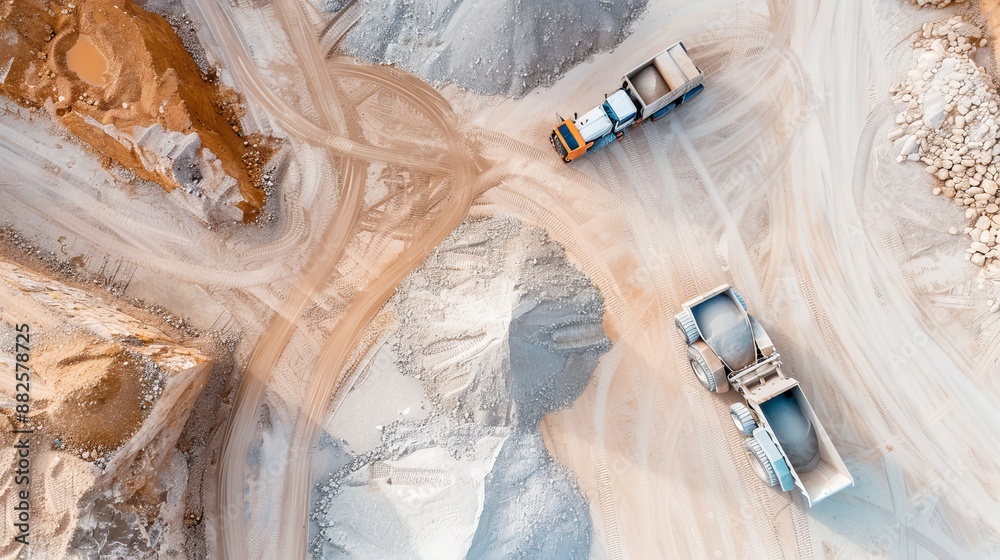 Fototapeta premium Aerial view of a large-scale concrete operation, multiple pieces of equipment in use, illustrating the complexity and coordination required in construction projects