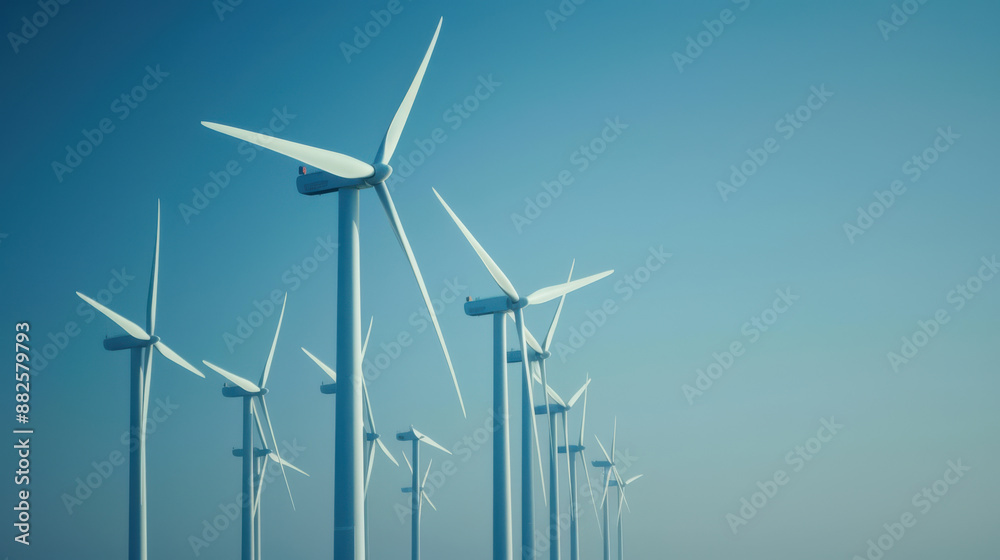 A wind farm with towering wind turbines turning gracefully against a clear blue sky, producing renewable energy A wind farm with towering wind turbines turning gracefully against a clear blue sky, producing renewable energy