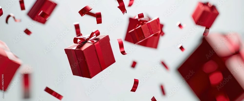 Christmas red gift boxes falling on a white background, Christmas and birthday concept, vibrant and festive Christmas red gift boxes falling on a white background, Christmas and birthday concept, vibrant and festive