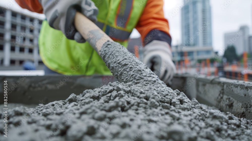 Obraz premium Portland installation crew mixing concrete, capturing the precision and effort to yield a strong, durable structure, set against an urban backdrop