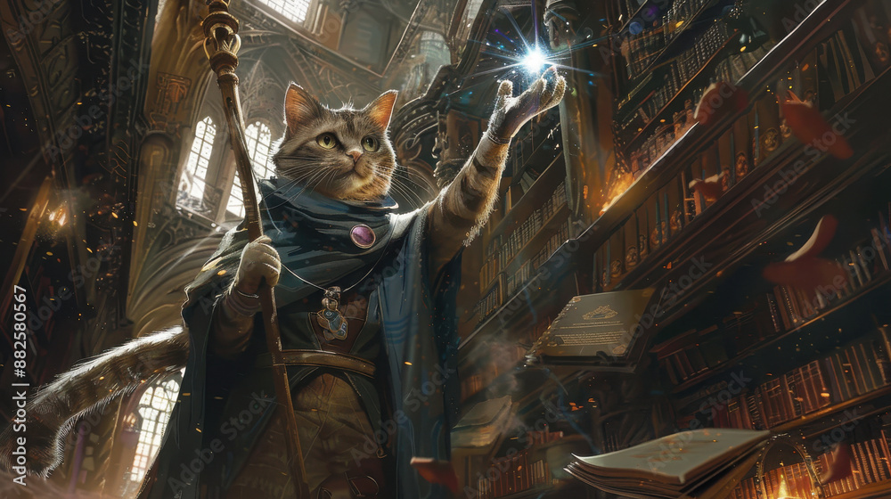 Naklejka premium A wizard cat holding a magical staff, casting spells in an ancient library filled with magical artifacts