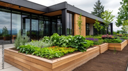 Portland rooftop garden project, modern building with lush plants and flowers, a green initiative highlighting urban sustainability and innovation