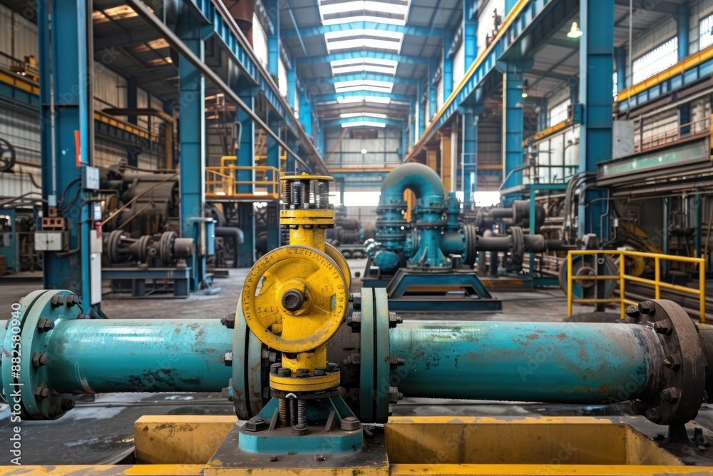Fototapeta premium Steel pipelines valves and pumps factory manufacturing architecture.