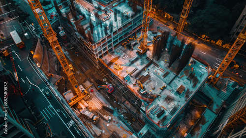 An aerial view of a construction site with multiple cranes and workers, showing the scale and complexity of building a high-rise