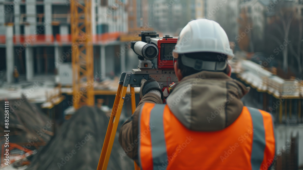 An engineer using a theodolite to take precise measurements on a construction site, ensuring accurate building alignment An engineer using a theodolite to take precise measurements on a construction site, ensuring accurate building alignment
