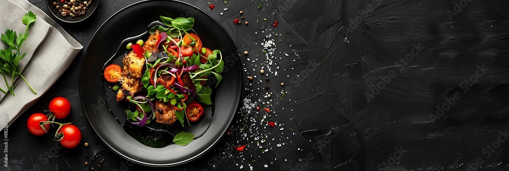 Grilled Chicken Salad with Red Onion, Cherry Tomatoes, and Fresh Greens - Food Photography Grilled Chicken Salad with Red Onion, Cherry Tomatoes, and Fresh Greens - Food Photography