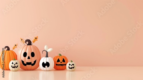 Cute 3D rendered jackolanterns, soft background with copy space. photo