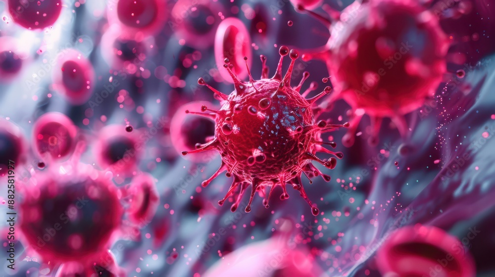 A close up of a red virus with a pink background A close up of a red virus with a pink background