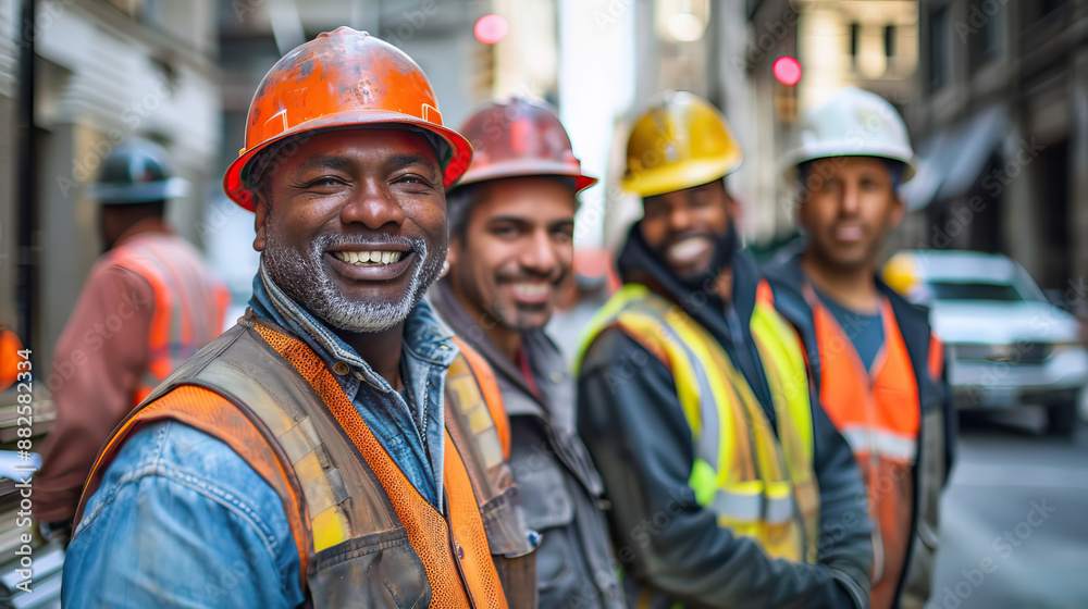 happy multiracial group of four construction men workers in a construction site. happy multiracial group of four construction men workers in a construction site.