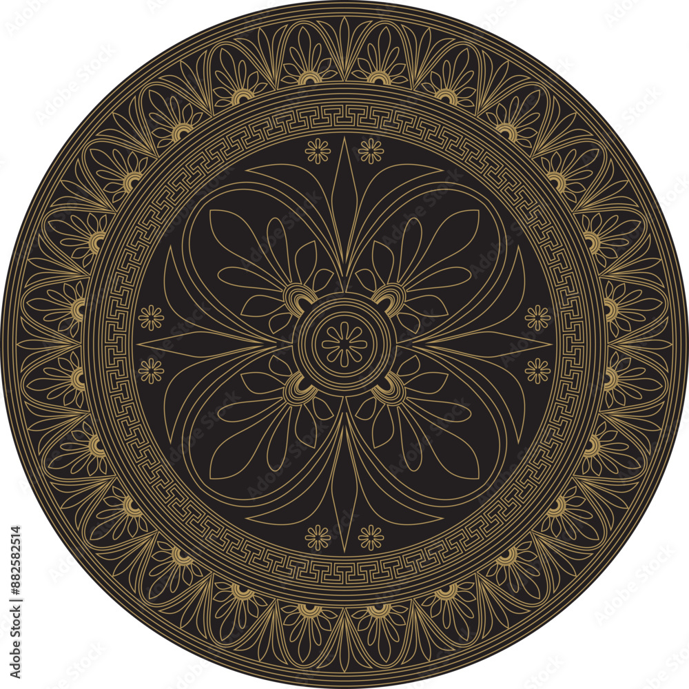 Obraz premium Vector gold with black classic Greek round ornament. Circle of Ancient Greece and the Roman Empire. Byzantine painting of walls, floors and ceilings. Decoration of European palaces