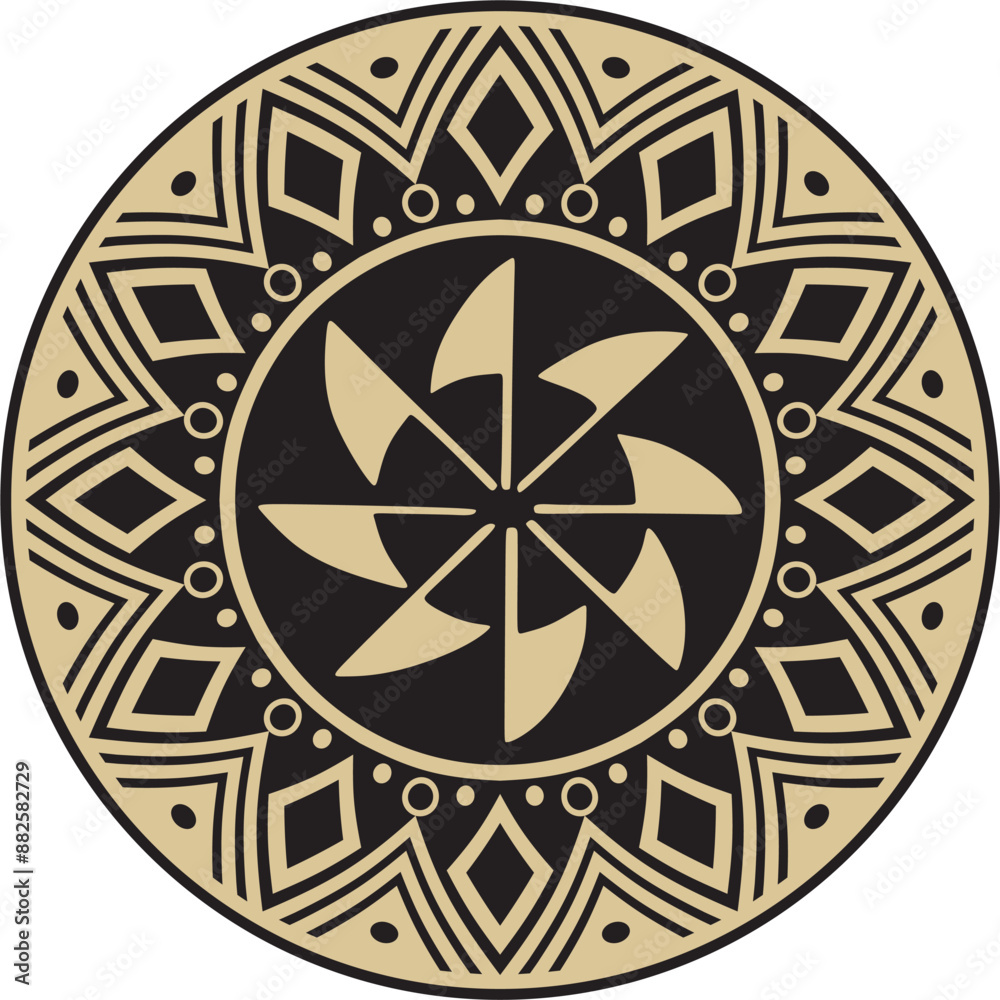Native American vector round gold with black pattern. Geometric shapes in a circle. National ornament of the peoples of America, Maya, Aztecs, Inca Native American vector round gold with black pattern. Geometric shapes in a circle. National ornament of the peoples of America, Maya, Aztecs, Inca