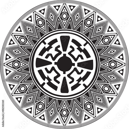 Native American vector round monochrome pattern. Geometric shapes in a circle. National ornament of the peoples of America, Maya, Aztecs, Incas