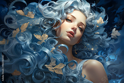 Blue Haired Woman in a Dreamy Illustration