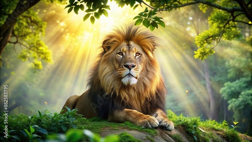 Majestic African lion reigns supreme amidst lush green forest underbrush, golden fur glistening in dappled sunlight, powerful muscles rippling beneath rugged, regal demeanor.