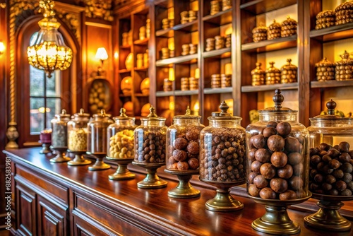 Richly decorated boutique showcases artisanal handcrafted chocolate truffles and cocoa beans in ornate wooden cabinets and vintage-inspired apothecary jars amidst warm golden lighting. © Adisorn