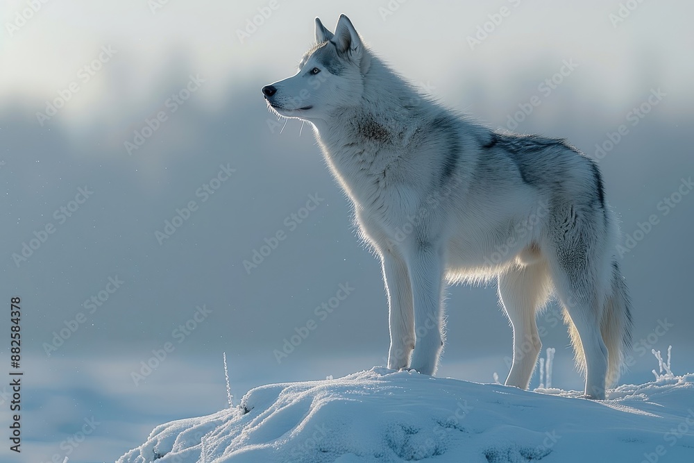 Obraz premium Captures the majestic beauty and adventurous spirit of a Siberian Husky in a snowy landscape.