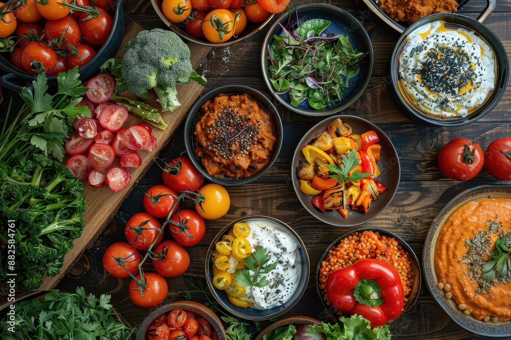 A rustic spread of colorful vegetarian dishes, emphasizing the use of fresh, locally sourced ingredients. A rustic spread of colorful vegetarian dishes, emphasizing the use of fresh, locally sourced ingredients.