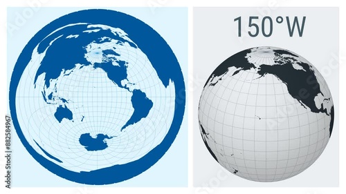 World Map Animation. Azimuthal equidistant projection. Solid color style. Animated world map in Azimuthal Equidistant projection. Loopable animation showing longitude shift and matching globe. photo