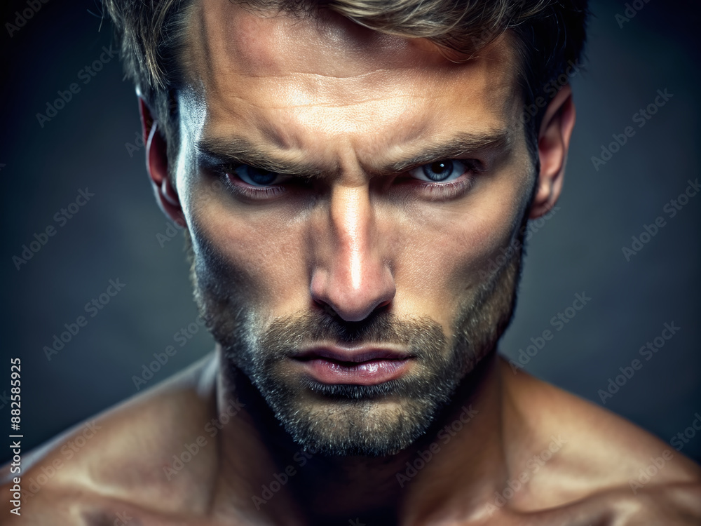 Close-up portrait of a determined male model's intense angry face, furrowed brows, and clenched jaw, conveying strong emotions in a powerful studio-lit image.