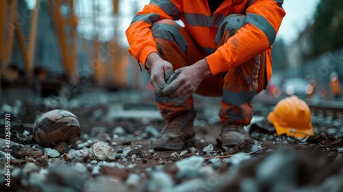 A man in an orange safety suit is kneeling on the ground