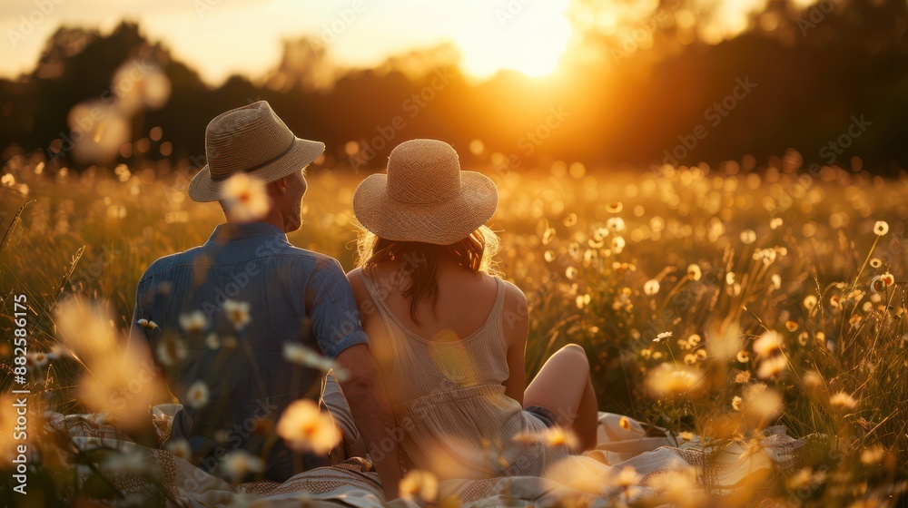 Fototapeta premium A couple is sitting in a field of flowers