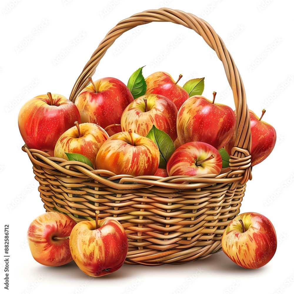 Fresh apples, basket full, photo-realistic, high resolution, isolated on white background