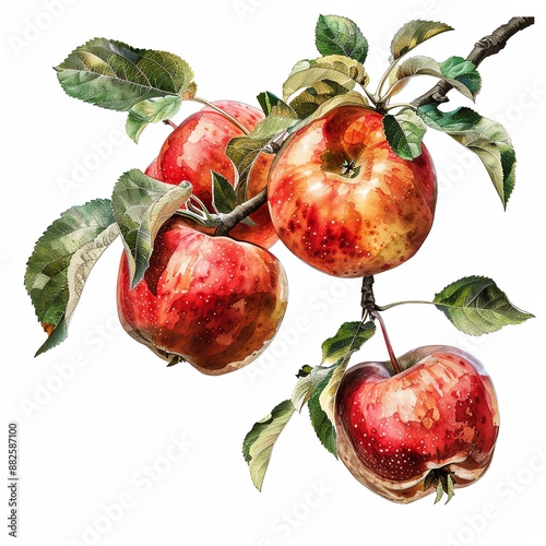 Fresh apples, tree branch, digital collage, artistic, isolated on white background