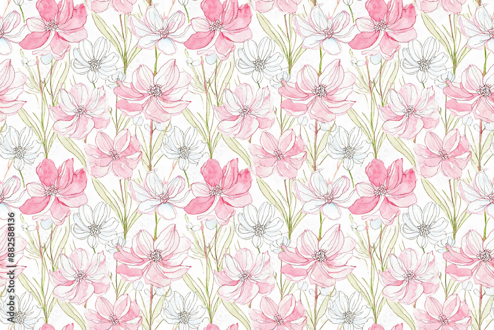 水彩画ピンクと白の花柄イラスト、シームレスパターン背景 水彩画ピンクと白の花柄イラスト、シームレスパターン背景