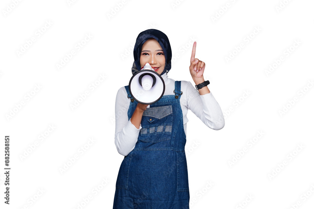 Hijab woman using megaphone and pointing isolated transparent
