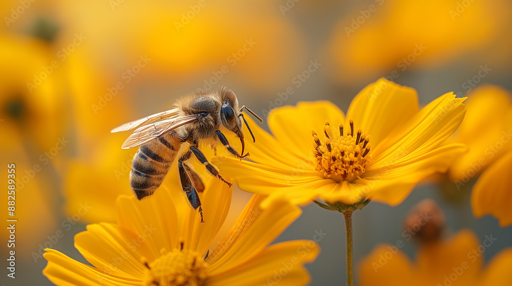 Flying honey bee collecting pollen at yellow flower. Bee flying over the yellow flower in blur background. Flying honey bee collecting pollen at yellow flower. Bee flying over the yellow flower in blur background.