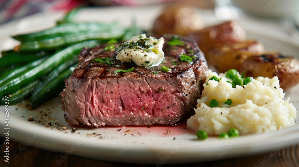 Close-up of a grilled filet mignon steak with a pink center, topped with a knob of herb butter and served with mashed potatoes and green beans, presented on a classic white dinner plate, Balanced Close-up of a grilled filet mignon steak with a pink center, topped with a knob of herb butter and served with mashed potatoes and green beans, presented on a classic white dinner plate, Balanced
