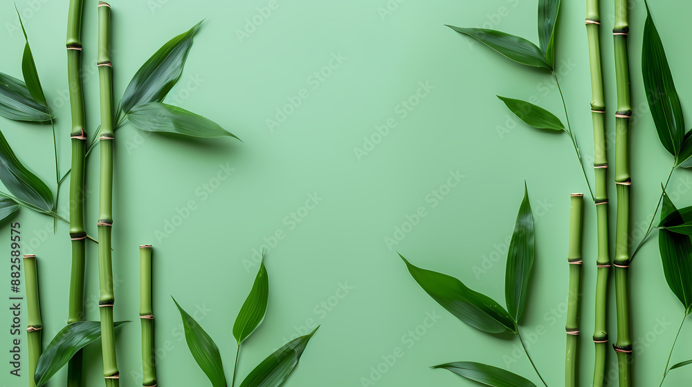 Flat lay of green bamboo leaves and stalks Flat lay of green bamboo leaves and stalks