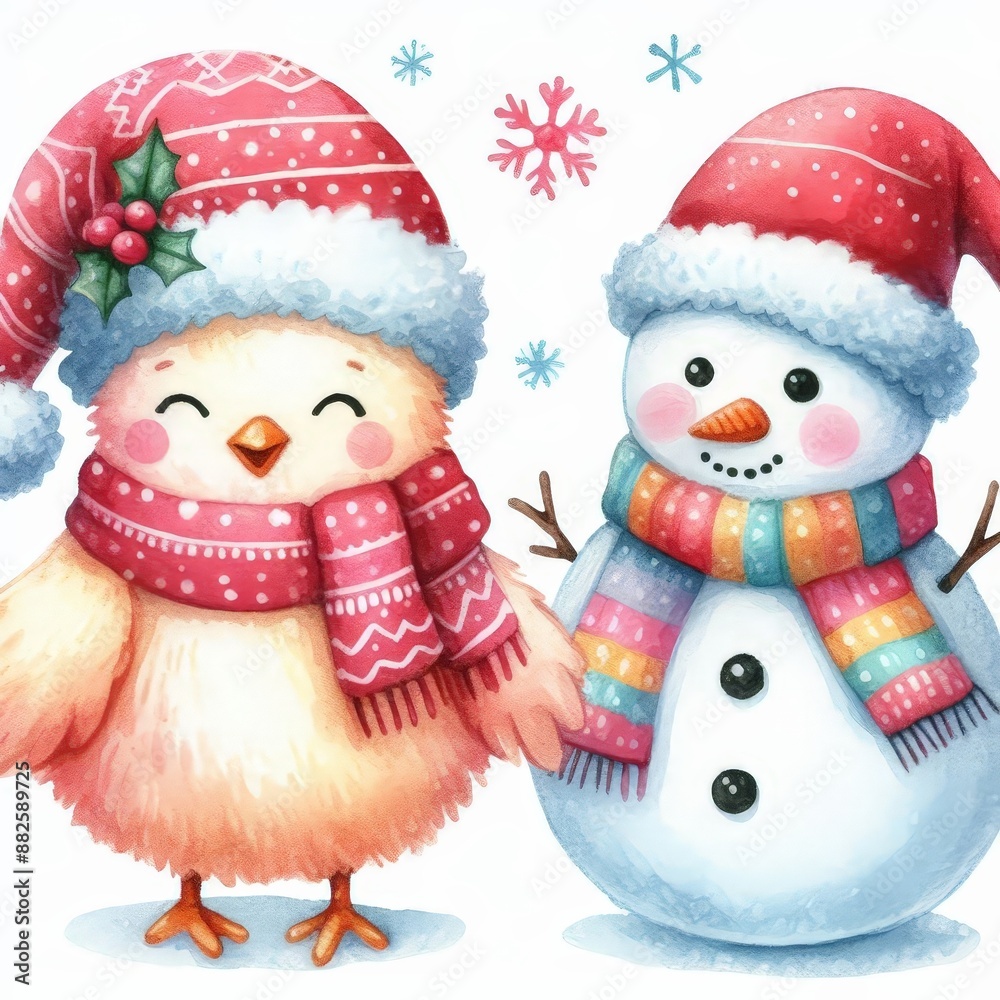 A cheerful chick wearing a Santa hat stands next to a snowman in a colorful scarf, both smiling against a white background. A cheerful chick wearing a Santa hat stands next to a snowman in a colorful scarf, both smiling against a white background.
