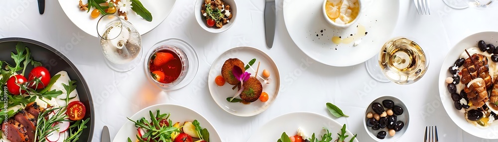 Gourmet Food Photography: A Table Setting of Plates, Bowls, and Cutlery with a Glass of Wine Gourmet Food Photography: A Table Setting of Plates, Bowls, and Cutlery with a Glass of Wine
