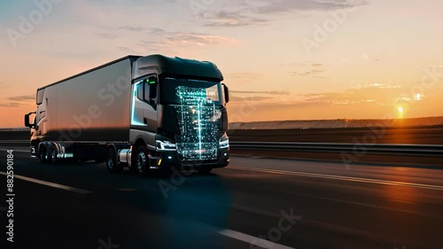 Wallpaper Mural Autonomous truck cruises highway at sunset. Sleek design glows with digital interface, embodying future of logistics.  Torontodigital.ca