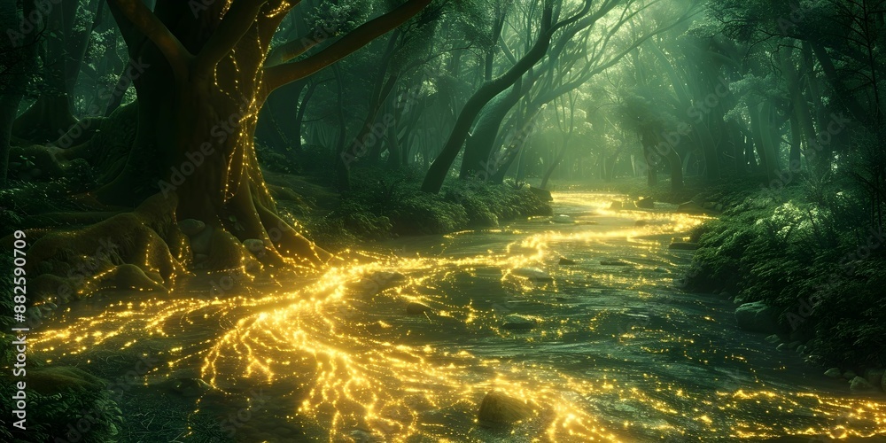 A forest with a lava flow that is orange and yellow. The light is glowing and it is a beautiful scene A forest with a lava flow that is orange and yellow. The light is glowing and it is a beautiful scene