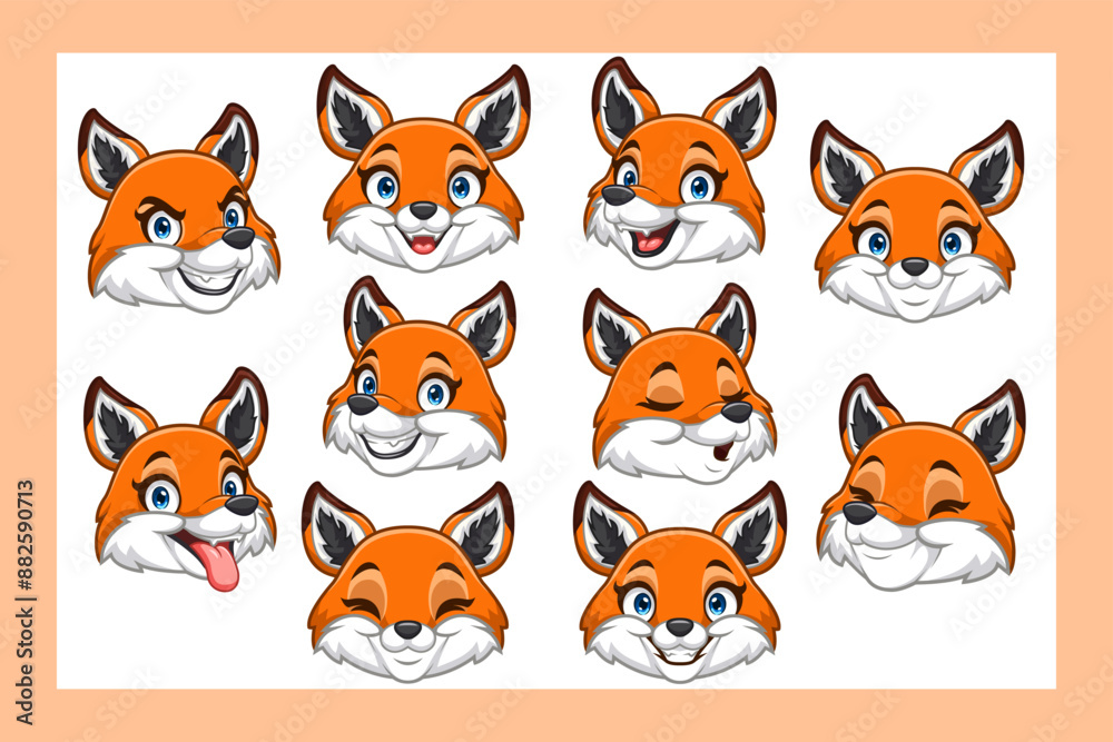 Collection of cartoon fox heads with various expressions Collection of cartoon fox heads with various expressions