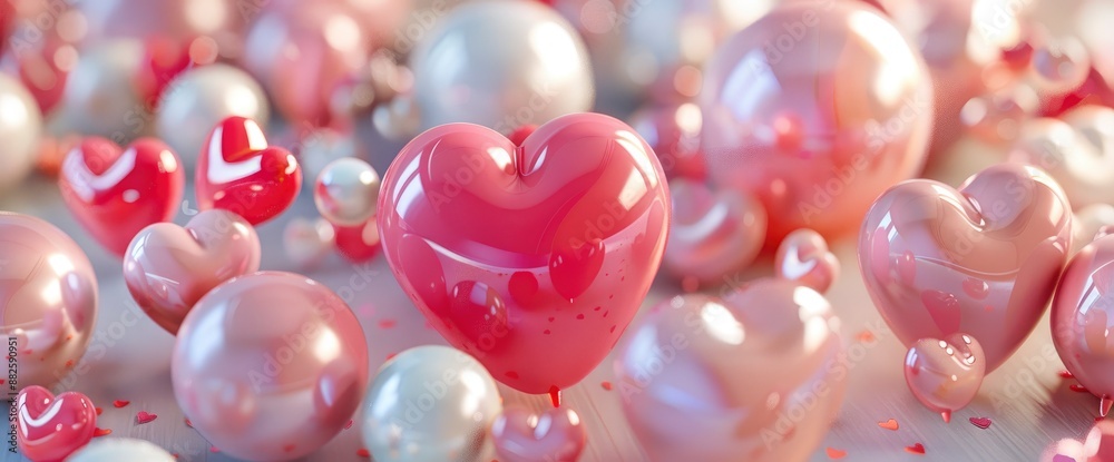 3D rendering of pink balloons and sphere objects, Valentine's decorations full of love 3D rendering of pink balloons and sphere objects, Valentine's decorations full of love