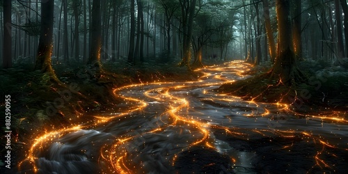 A forest with a lava flow that is orange and yellow. The light is glowing and it is a beautiful scene