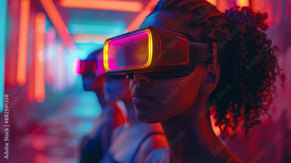 Young Woman in Neon VR World. Young woman wearing a VR headset explores a neon-lit virtual world, emphasizing the immersive and futuristic nature of VR technology. Young Woman in Neon VR World. Young woman wearing a VR headset explores a neon-lit virtual world, emphasizing the immersive and futuristic nature of VR technology.