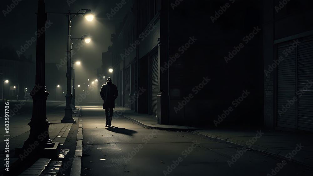 An isolated figure standing in under a tone streelight in an otherwise dark, empty city street, depicting depression, loneliness with copy space An isolated figure standing in under a tone streelight in an otherwise dark, empty city street, depicting depression, loneliness with copy space
