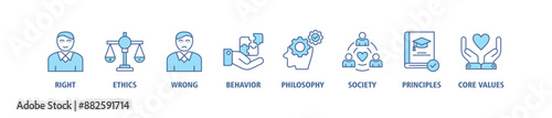 Morality banner web icon set vector symbol illustration concept with icon of Right, ethics, wrong, behavior, philosophy, society, principles, core values. Business banner web vector infographic
