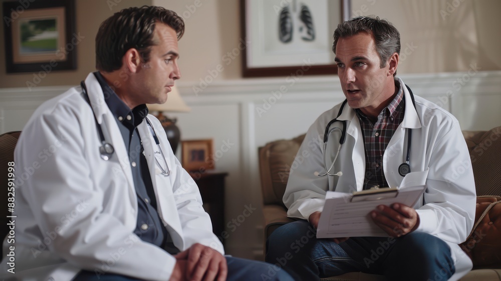 Two doctors are sitting on a couch, one of them holding a clipboard Two doctors are sitting on a couch, one of them holding a clipboard