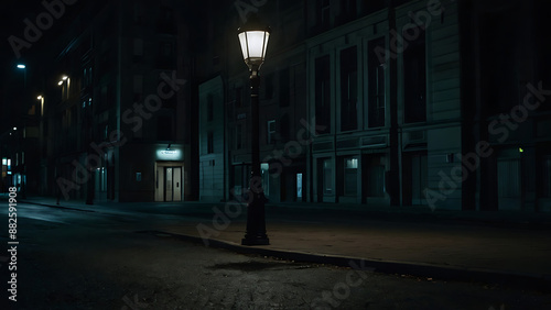 An isolated figure standing in under a tone streelight in an otherwise dark, empty city street, depicting depression, loneliness with copy space photo